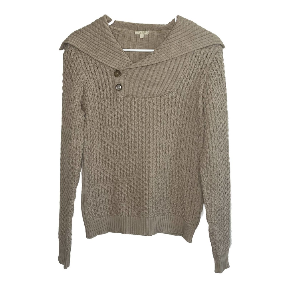 GUCCI Size 12 Beige Cotton Sweater Made in Italy Shawl Collar Cable Knit Ac10